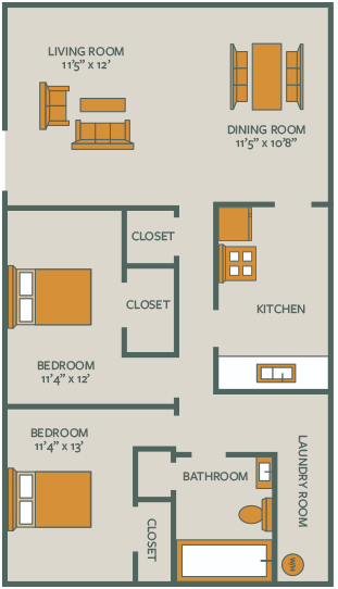 Floor plan for 2 beds, 1 bath, 609 sqft